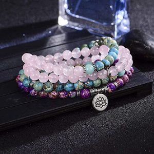 108 Mala Beads 8mm Rose Quartz Jasper Stone Beaded Bracelet Lotus Charm Necklace